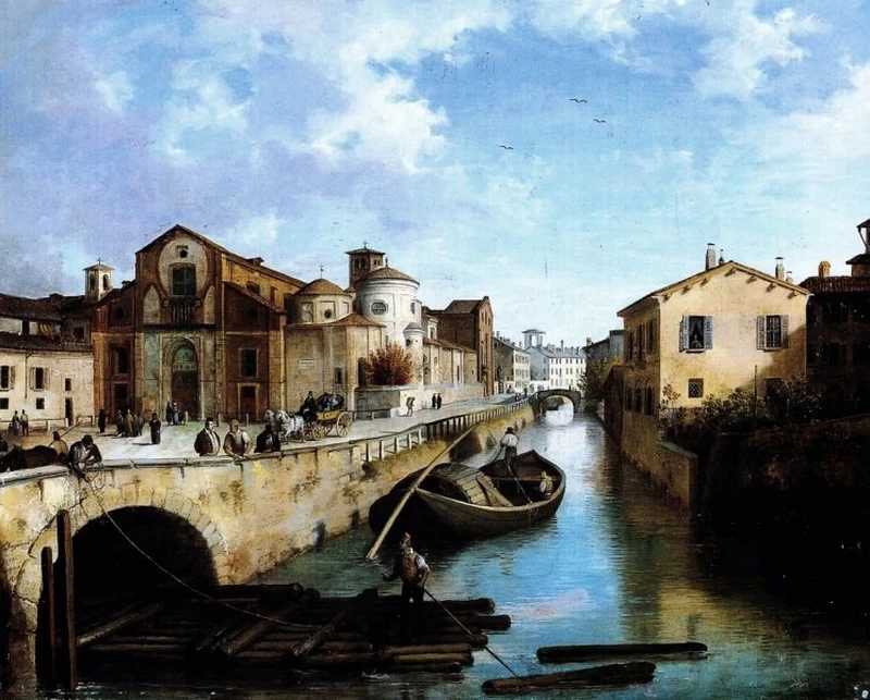 228-Angelo Inganni-veduta del naviglio e della chiesa di san marco in milano  